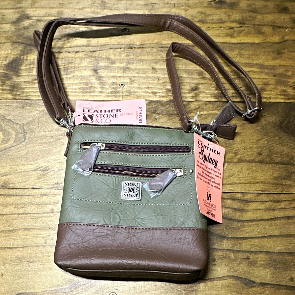 Stone & Co Small Crossbody Bag Green/Brown Zip Adjustable Strap Travel